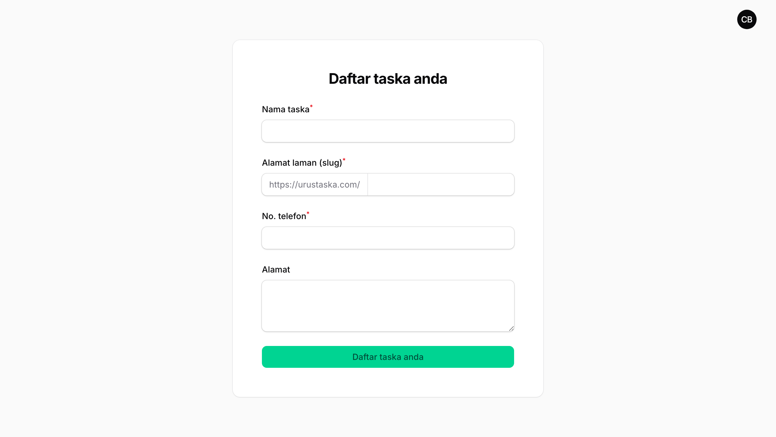 Tangkapan skrin: Buat akaun dan namakan taska